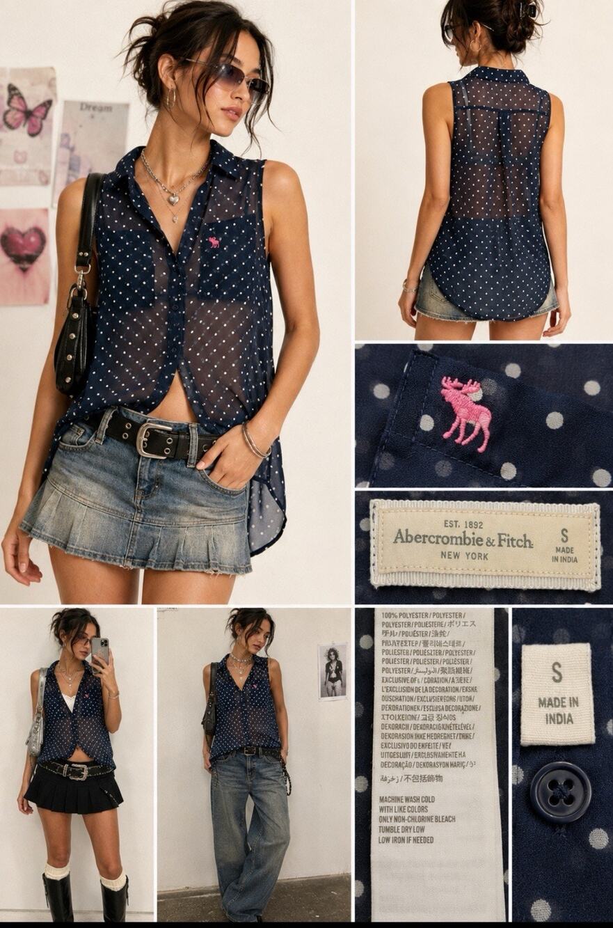 Y2K Indie Sleaze Abercrombie & Fitch Sheer Sleeveless Polka Dot Top Size S Navy